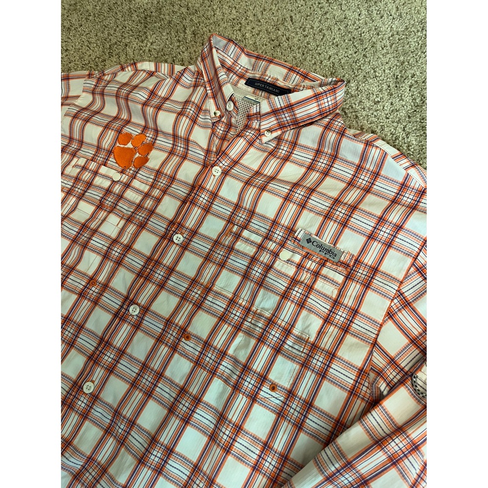 Columbia Men Super Tamiami XL Orange Plaid Clemson Tigers PFG Fishing Shirt Flaw